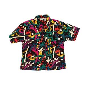 La Chine Classic Tropical Monkey Parrot Vacation Colorful Button Down Size 14